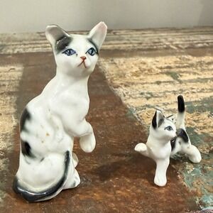 Vintage Ceramic Siamese Kitten Cat 2 pc Mom & Kitty Miniature Mini Shelf Cottage